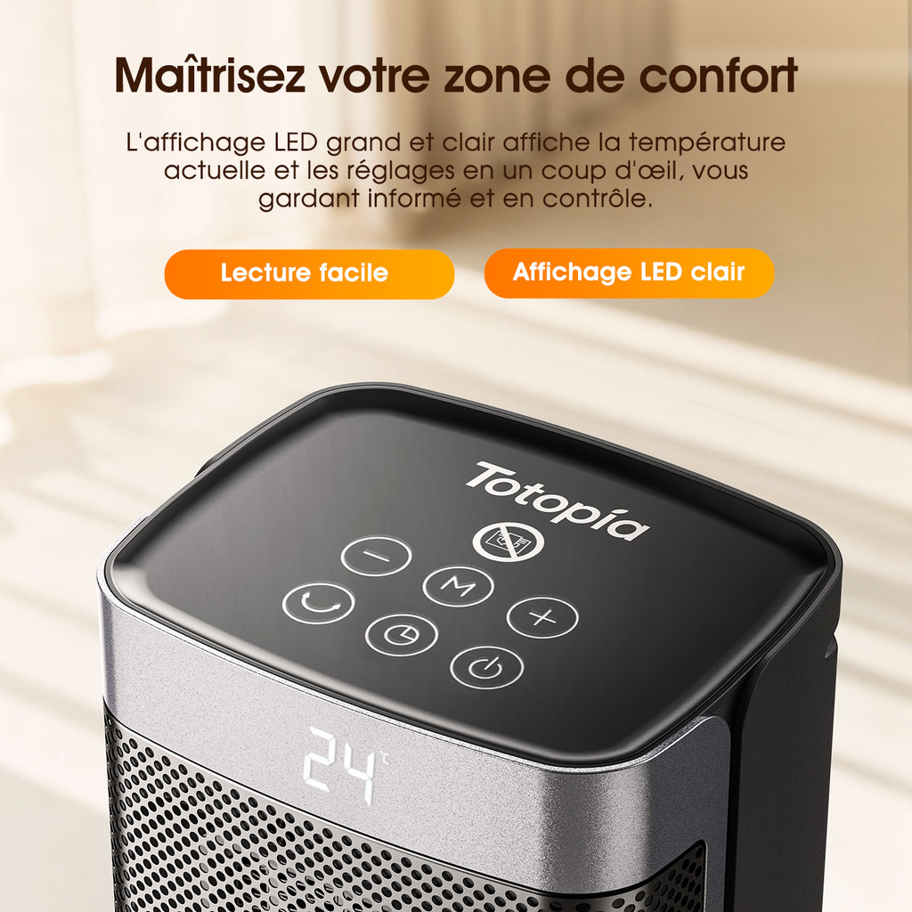 Totopia Chauffage électrique PTC 1500 W avec 2 modes de chauffage, Minuterie 12 h, Protection anti-basculement et anti-surchauffe, Chauffage d’appoint pour chambre, bureau