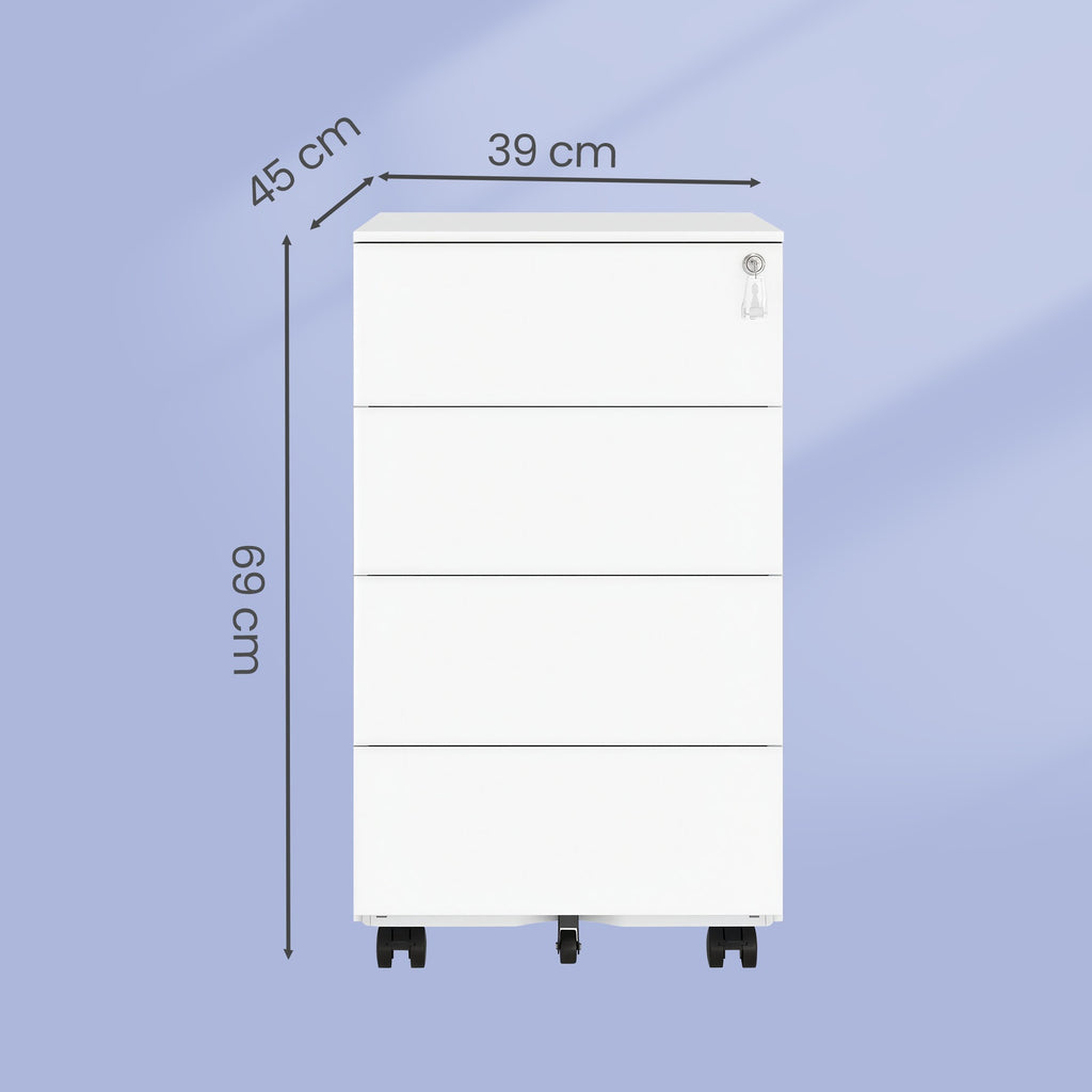 JOYFURNOS Armoire à dossiers mobile préassemblée blanc nuage – verrouillable, 4 tiroirs, rangement pour documents et fournitures