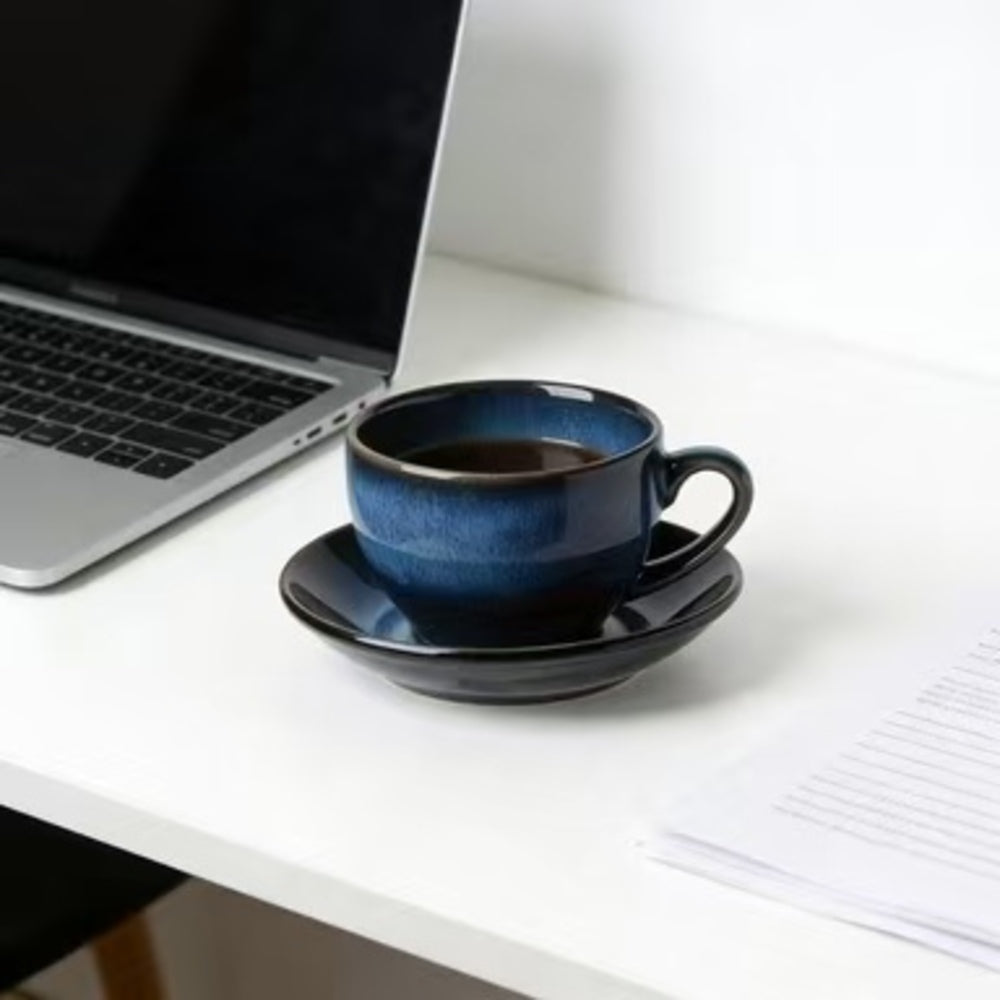 YumiPLUS Mug à café bleu rétro avec soucoupe, lot de 1
