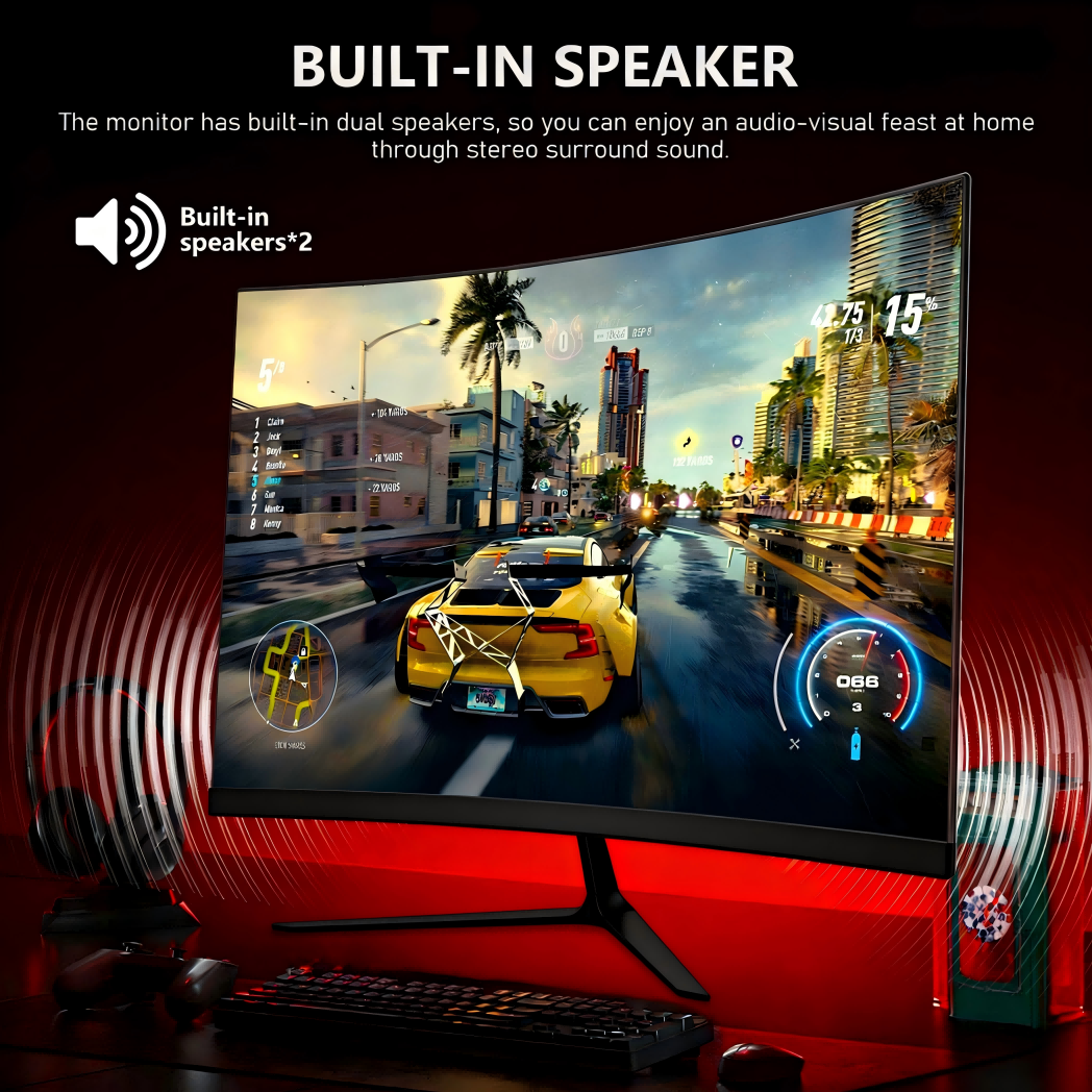 Gawfolk Moniteur incurvé 24,5 pouces 1K Full HD, Taux de rafraîchissement 100 Hz, Temps de réponse 1 ms (MPRT), Courbure 3000R, Haut-parleurs intégrés, AMD FreeSync