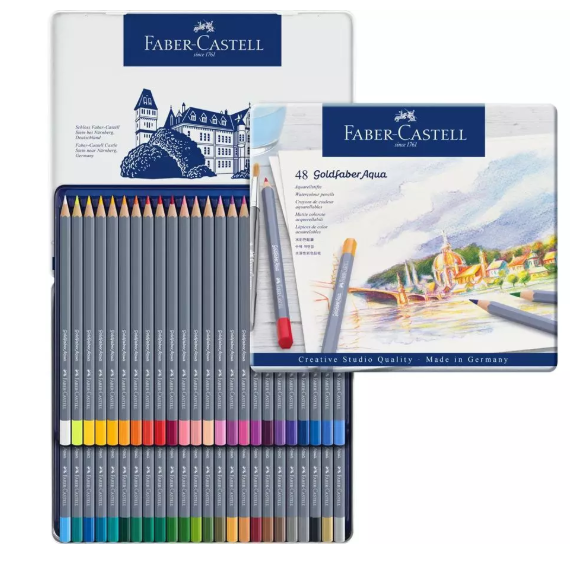 Faber-Castell Boîte en métal de 48 crayons de couleur aquarellables