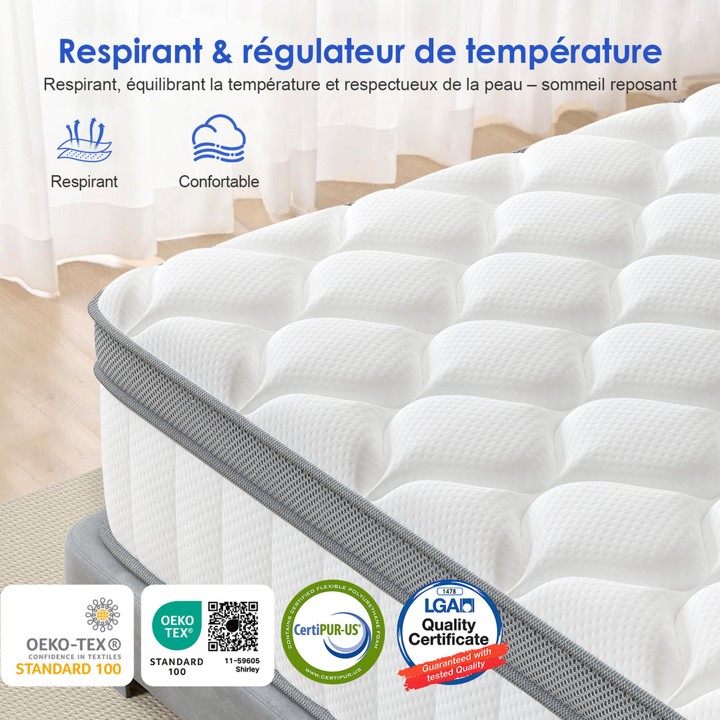GTIMEX Matelas à ressorts ensachés 7 zones avec drap-housse, 25 cm d'épaisseur, 140 x 190 cm, pour enfants et adultes