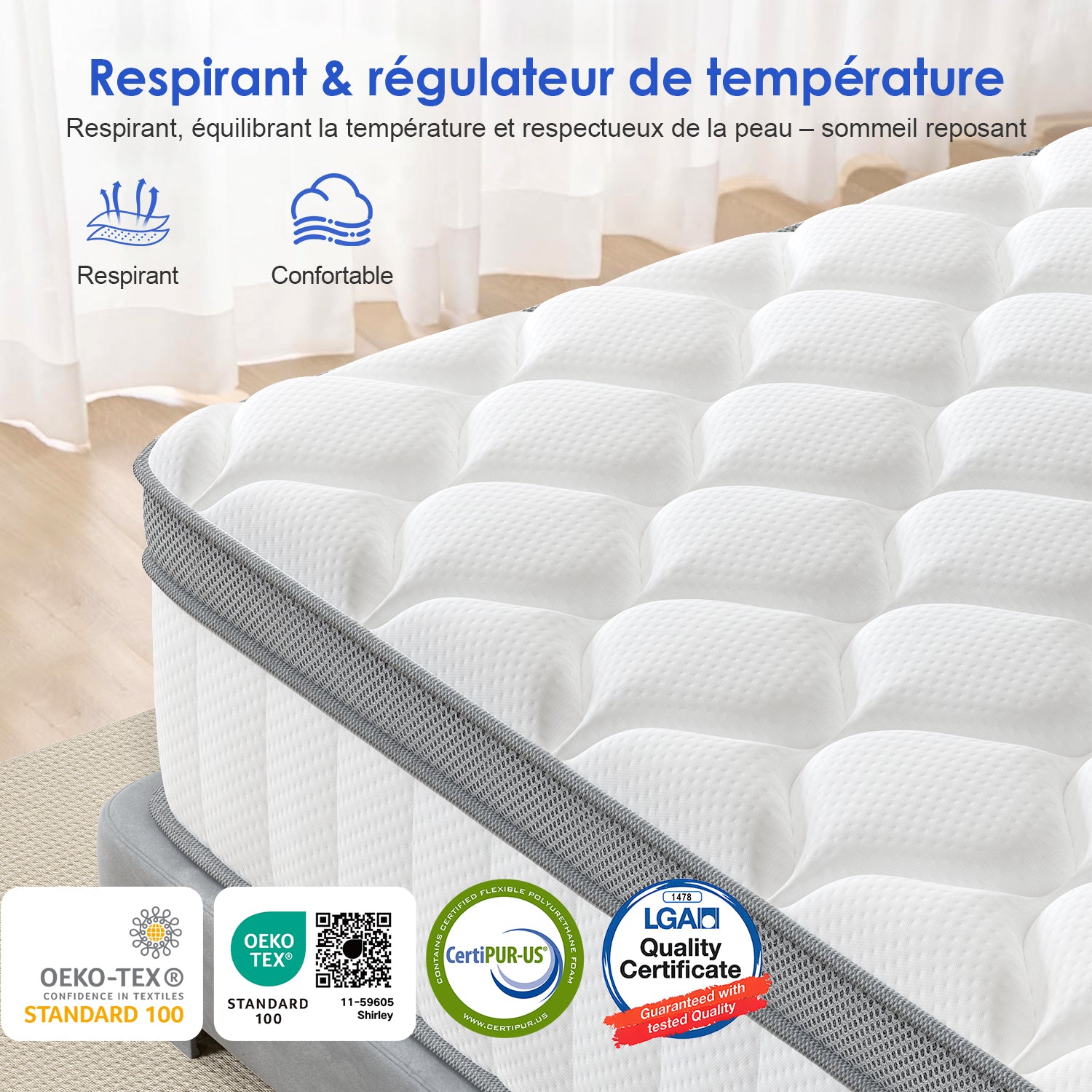 GTIMEX Matelas à ressorts ensachés 7 zones avec drap-housse, 25 cm d'épaisseur, 140 x 190 cm, pour enfants et adultes