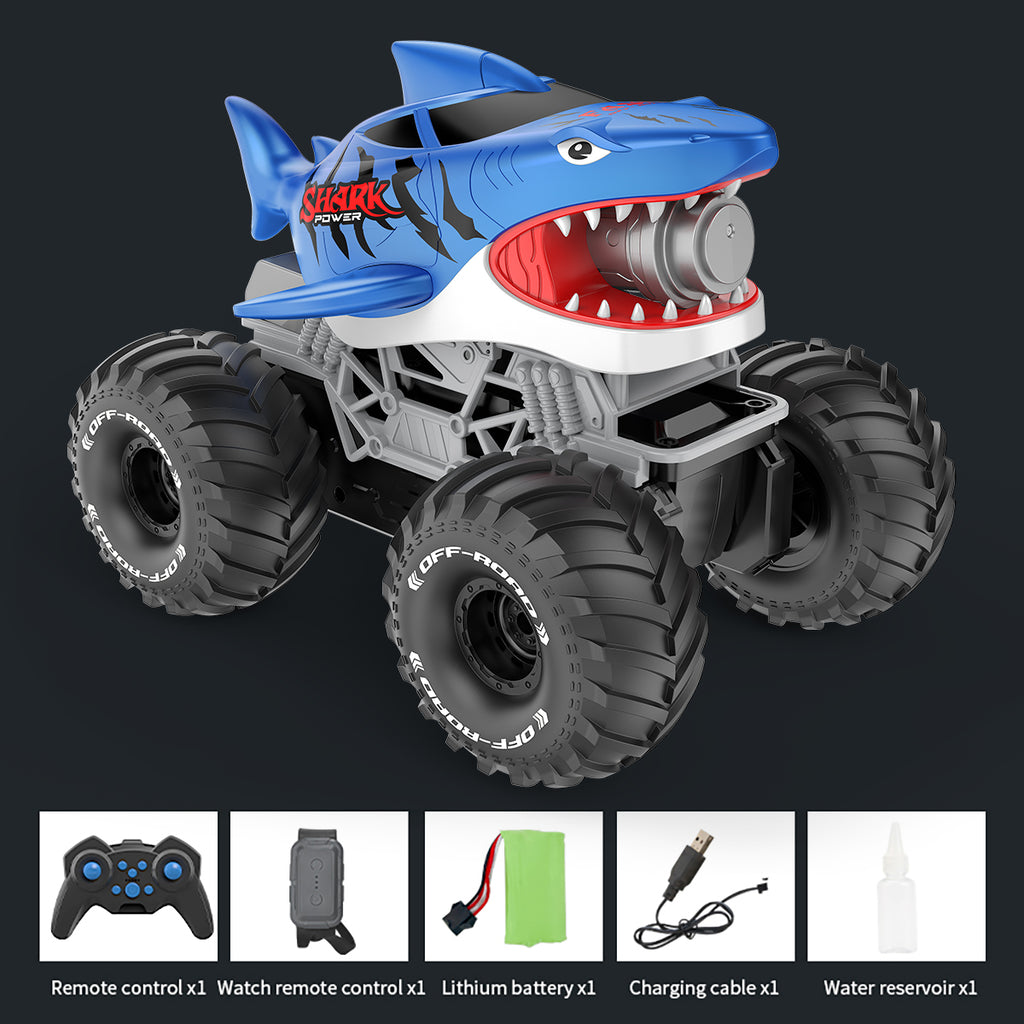Jouet de monster truck télécommandé Shark, véhicule tout-terrain RC avec brume, lumières LED et commande gestuelle, voiture de requin nageur Big-Foot, véhicule jouet Big-Foot rechargeable. Cadeau pour garçons et enfants, convient aux garçons de 3 ans