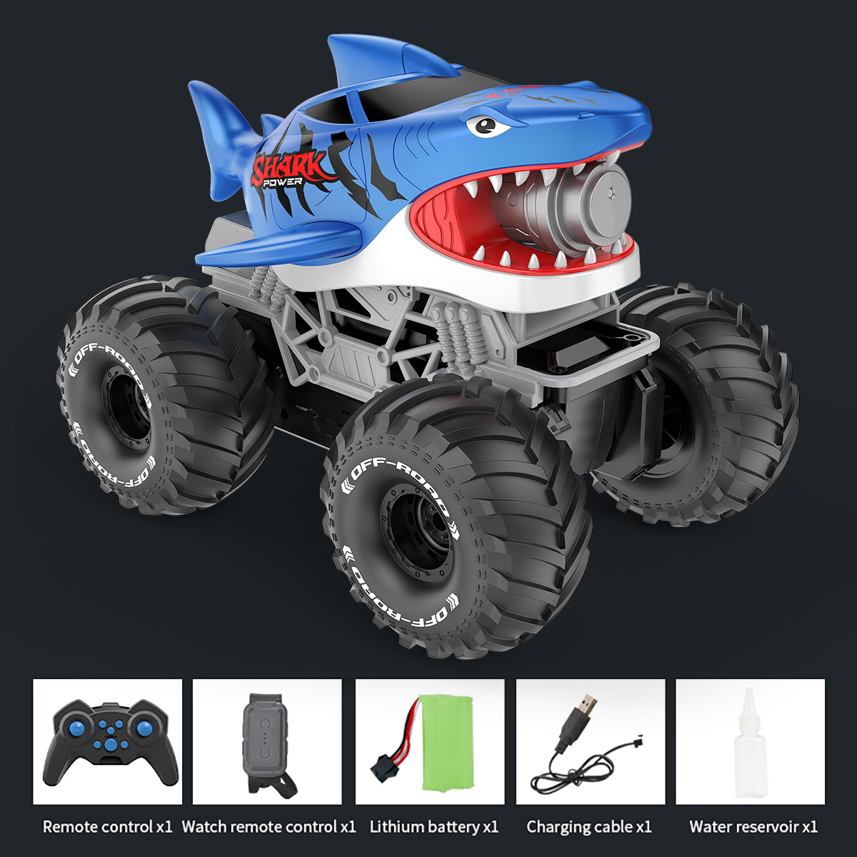 Jouet de monster truck télécommandé Shark, véhicule tout-terrain RC avec brume, lumières LED et commande gestuelle, voiture de requin nageur Big-Foot, véhicule jouet Big-Foot rechargeable. Cadeau pour garçons et enfants, convient aux garçons de 3 ans
