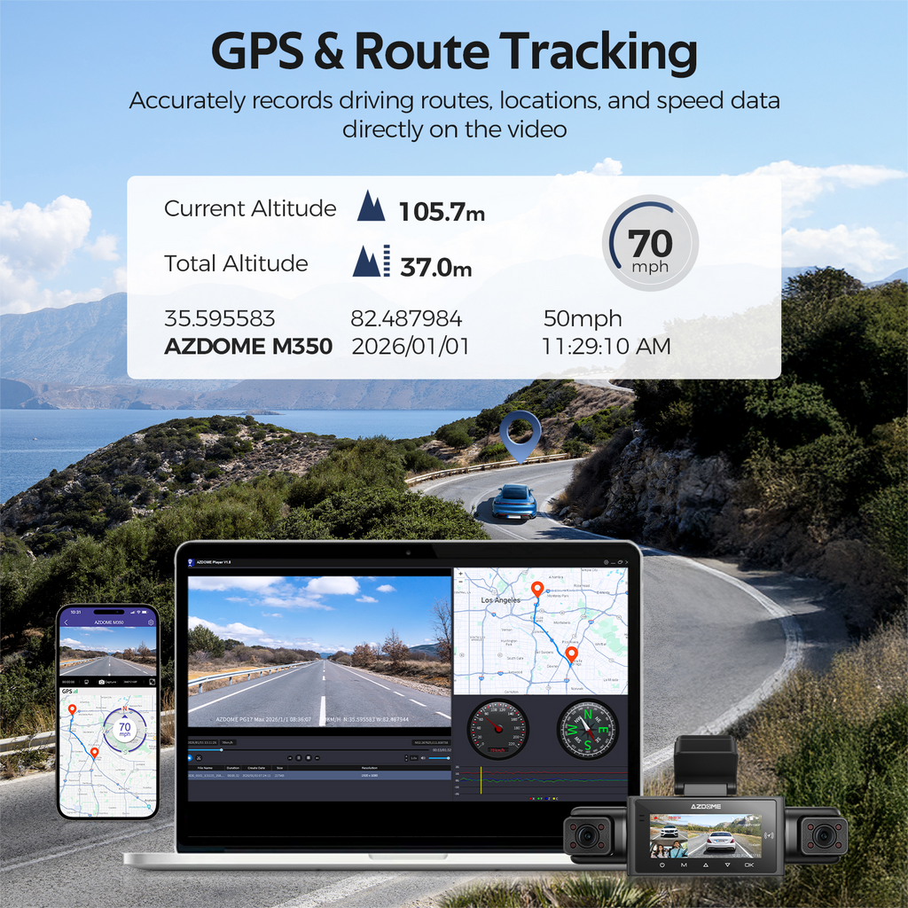 AZDOME M350 Dashcam 4 canaux vue complète 360° fonctionne avec Apple Localiser ma Dashcam avant 2,5K, 1080P caméra arrière gauche et droite pour voitures
