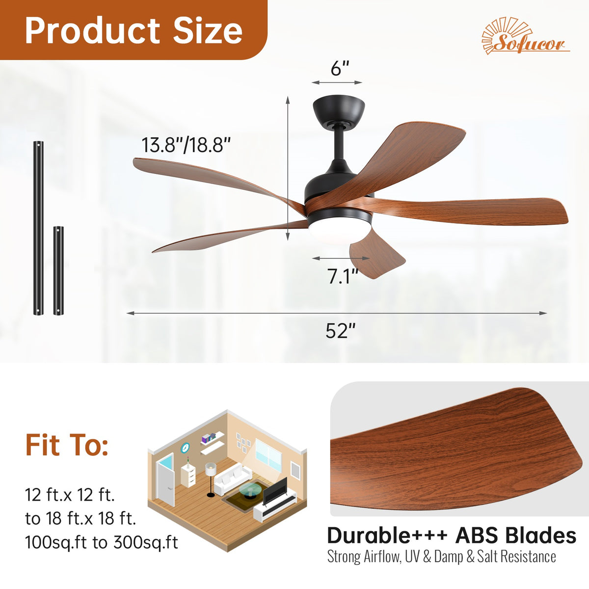 Sofucor 52K096 Ventilateur de plafond à tige de 52 pouces avec pales en ABS marron