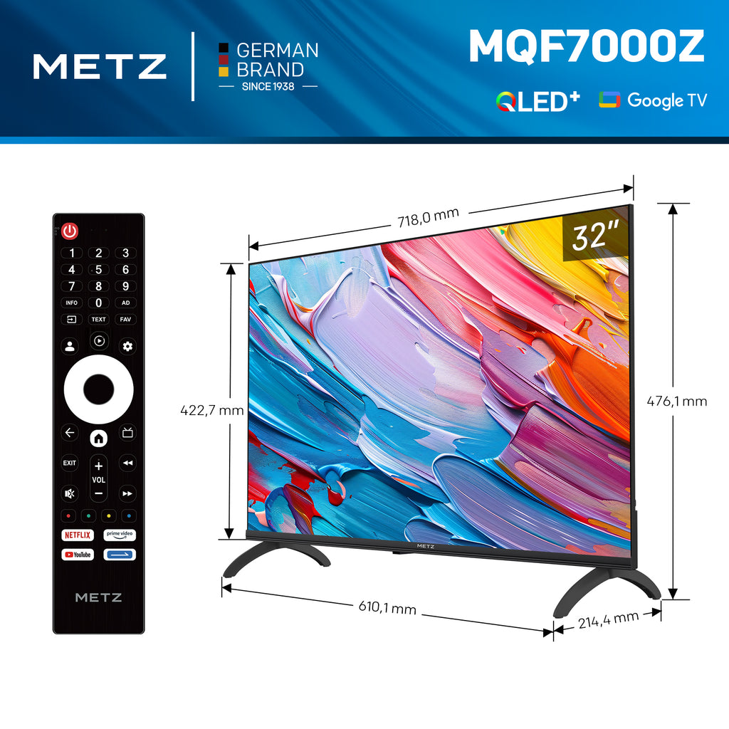 METZ 32MQF7000Z TV 32 pouces (81 cm) QLED HD Google TV 2025, HDR10 & HLG, Dolby Audio, protection des yeux (faible lumière bleue) (Energy Effiency E)