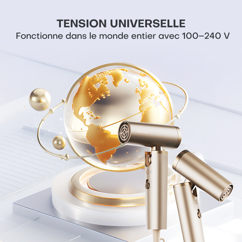 Uniorange H16 Sèche-cheveux portable pliable haute vitesse, moteur 110 000 tr/min, technologie bouclier ionique 1 milliard+, avec 4 buses de coiffage - Doré