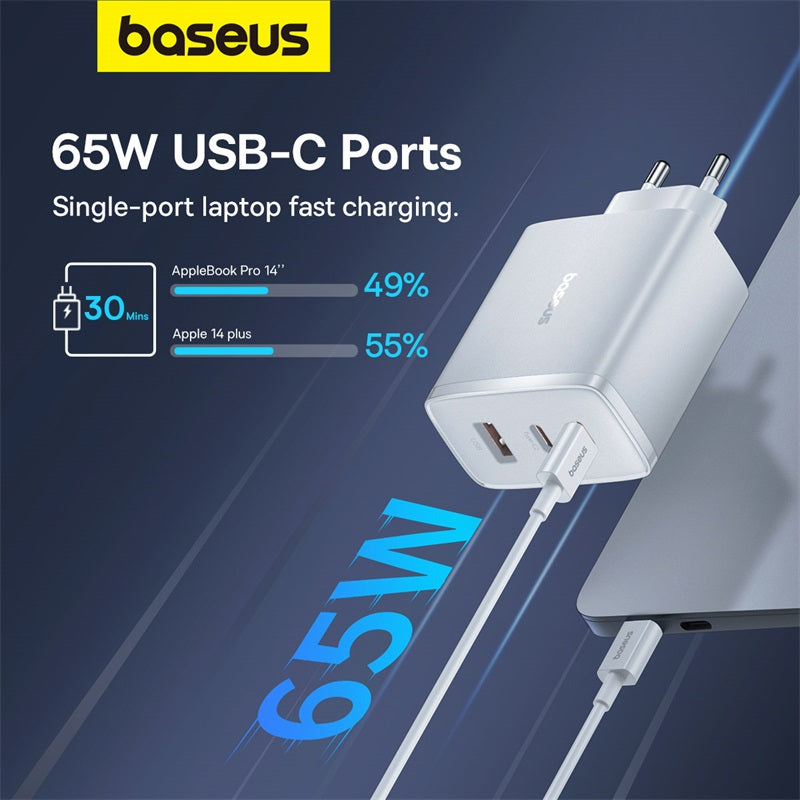 Baseus Small Cube Pro Gallium Nitride Chargeur rapide 2 C + U 65 W - Blanc lune