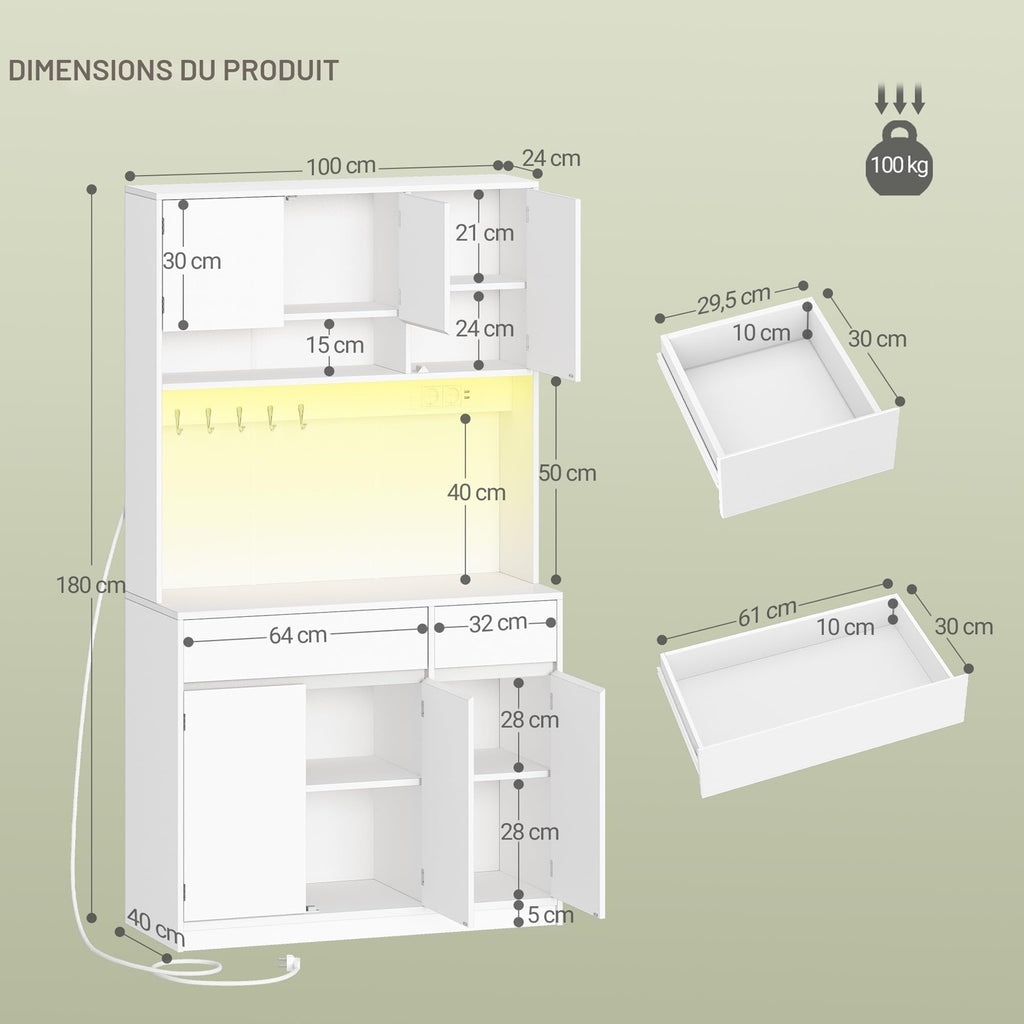 HaluPeit Meuble de cuisine, Buffet, Commode de cuisine avec prises et bandes lumineuses LED, avec plans de travail et 2 tiroirs, étagères réglables, cuisine, 40 x 100 x 180 cm, blanc