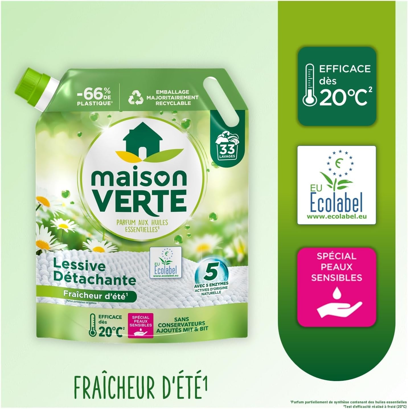MAISON VERTE Lessive liquide recharge peaux sensibles détachante 33 lavages 1,485 L