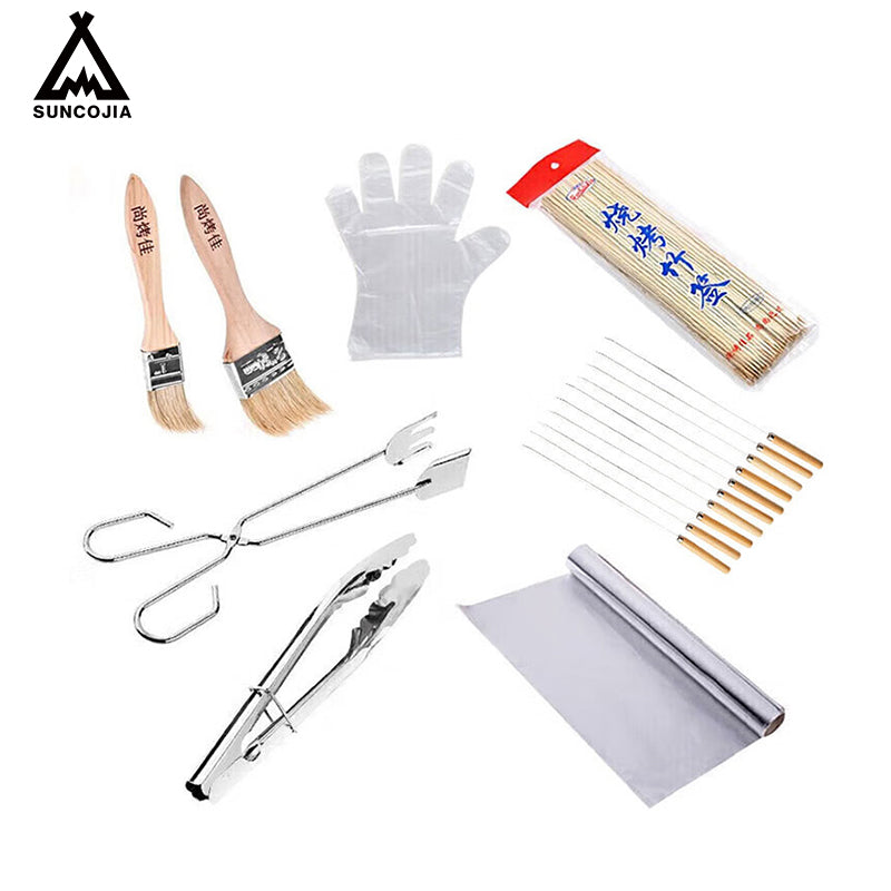 SUNCOJIA Ensemble d’ustensiles de barbecue avec gants jetables, pinceau à huile en bois, pince à charbon, pinces à aliments, set de brochettes de barbecue et papier aluminium