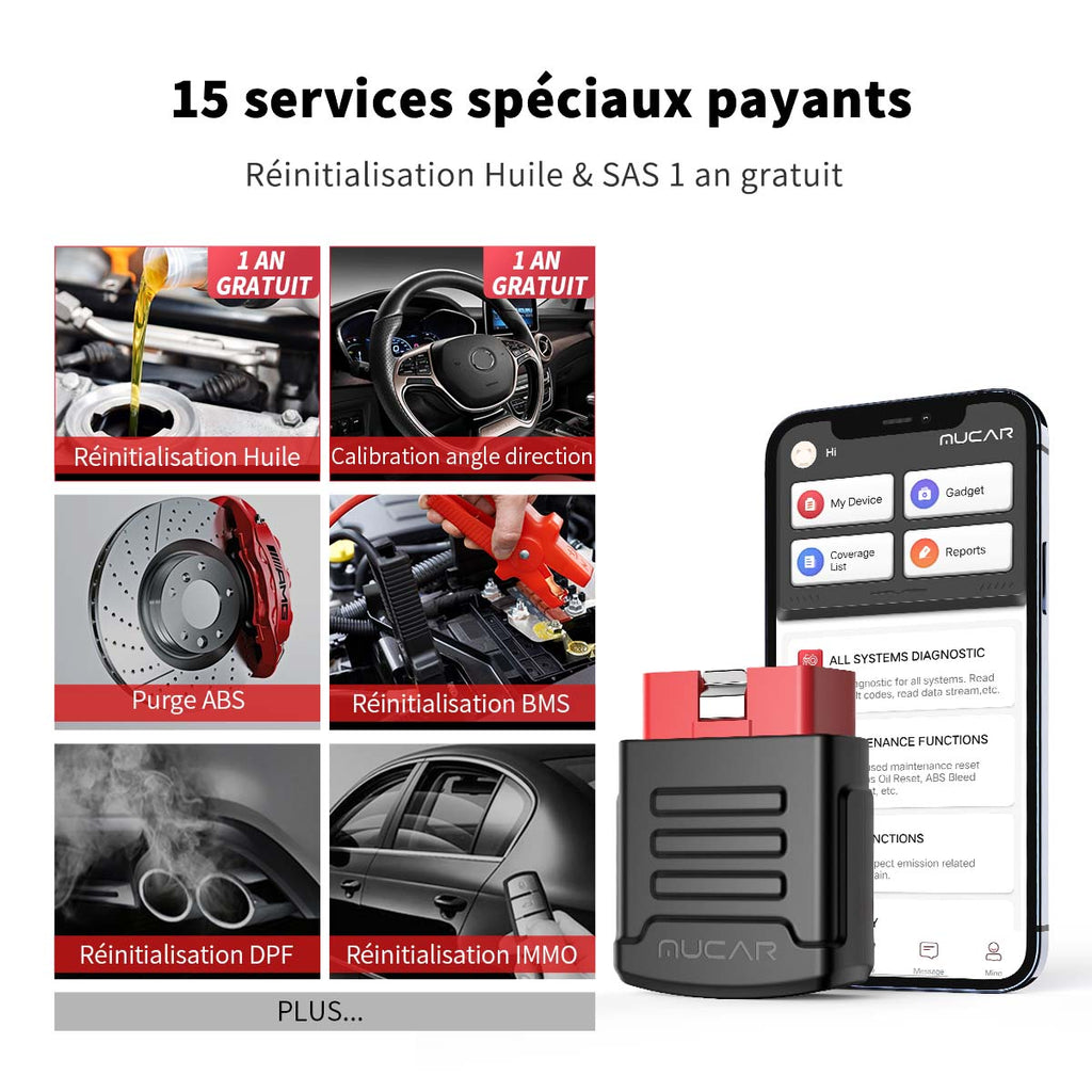 MUCAR BT200 Pro Scanner de voiture diagnostic complet du système OBD2 Bluetooth avec 15 fonctions de réinitialisation compatible avec 128+ marques, pour iOS & Android