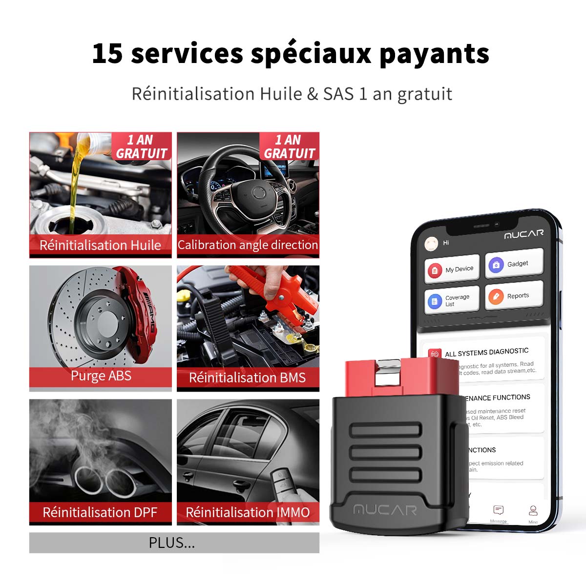 MUCAR BT200 Pro Scanner de voiture diagnostic complet du système OBD2 Bluetooth avec 15 fonctions de réinitialisation compatible avec 128+ marques, pour iOS & Android