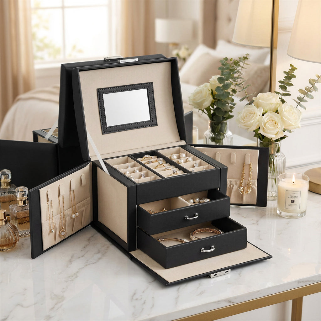 JOYFURNOS Boîte de voyage pour bijoux avec miroir, 2 tiroirs, verrouillable, idée cadeau, noir