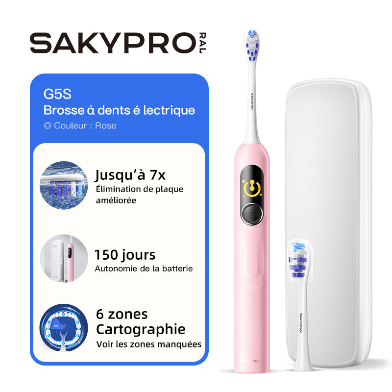 saky Pro Brosse à dents électrique intelligente avec IA pour enfants et adultes avec écran LED | Brosse à dents rechargeable 150 jours, cartographie en temps réel | Minuterie 3 min, étui de voyage | Brosse à dents sonique pour adolescents, cadeau de