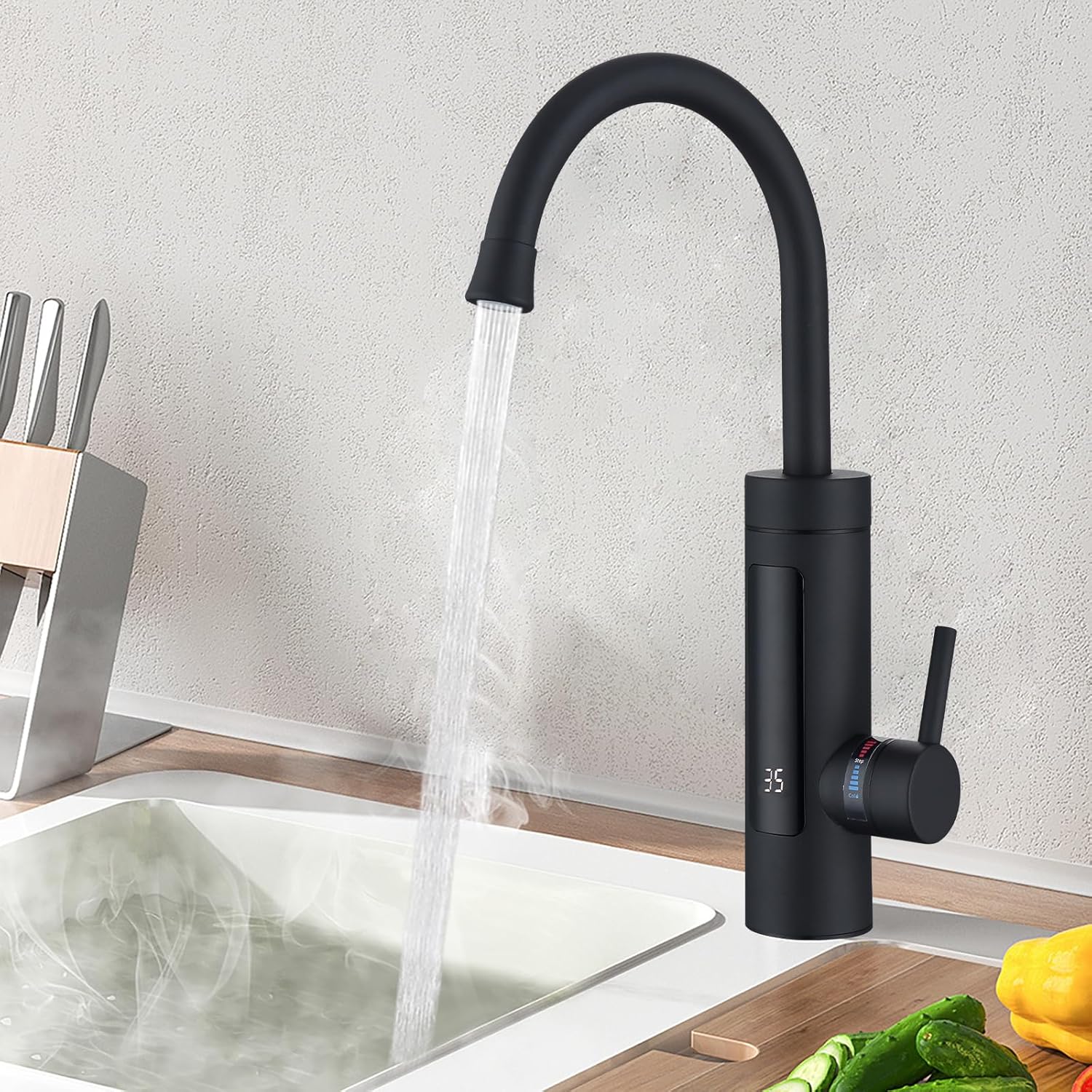 HOMELODY Robinet électrique avec chauffe-eau instantané 230 V, chauffe-eau de cuisine, robinet de cuisine LED, robinet électrique en acier inoxydable - Noir mat