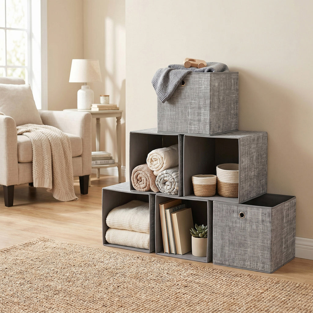 JOYFURNOS Boîtes de Rangement Pliables, Lot de 6 Boîtes en Tissu, 30 x 30 x 30 cm, Pour Meuble Cube, Pour Étagères, Rangement pour Vêtements, Gris