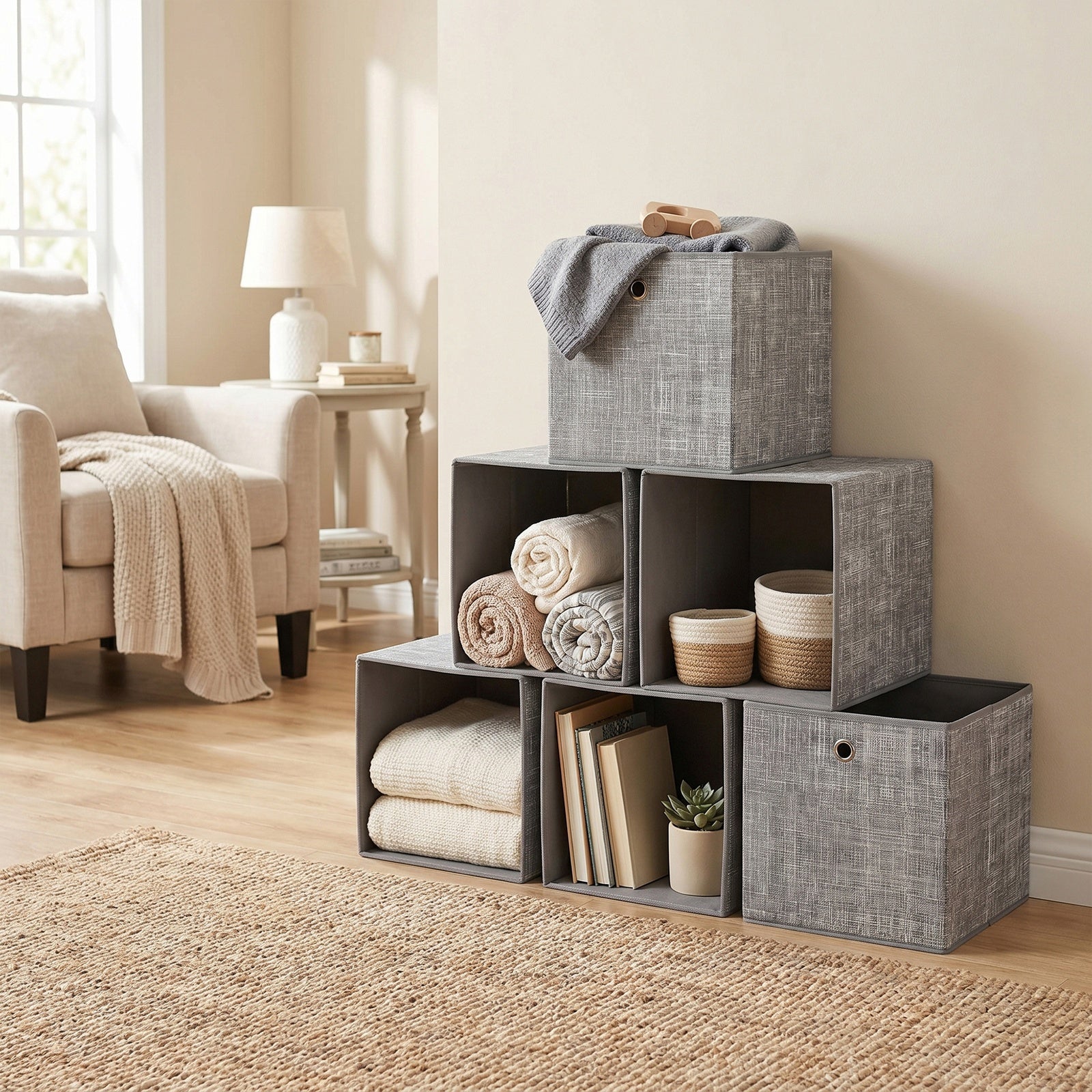 JOYFURNOS Boîtes de Rangement Pliables, Lot de 6 Boîtes en Tissu, 30 x 30 x 30 cm, Pour Meuble Cube, Pour Étagères, Rangement pour Vêtements, Gris
