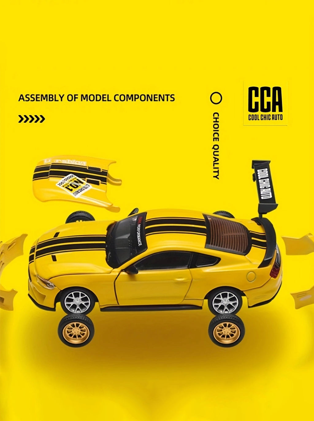 CCA Voiture miniature 2018 Ford Mustang GT jaune classique à l'échelle 1:42 – Kit DIY avec portes ouvrantes et pièces interchangeables ; un modèle réduit de collection de grande valeur
