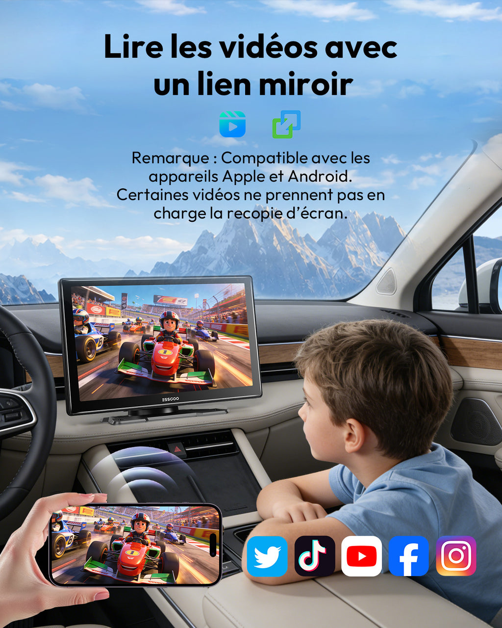 ESSGOO Écran intelligent automobile portable sans fil 9 pouces, CarPlay sans fil et Android Auto avec affichage fluide 60 i/s, Grand écran IPS HD 1024 x 600, Bluetooth, Wi-Fi