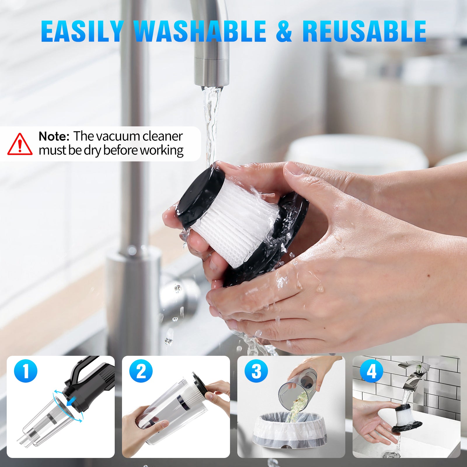 Aspirateur portable sans fil Big Dustin 5500Pa avec LED, filtre lavable, embouts multiples, pour voiture et maison