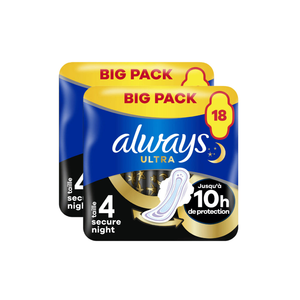 Always Ultra Secure Night Serviettes Hygiéniques (Taille 4) Avec Ailettes 36 Serviettes Super Absorbantes & Ultra Fines Pour Menstruation (2 Paquets de 18)