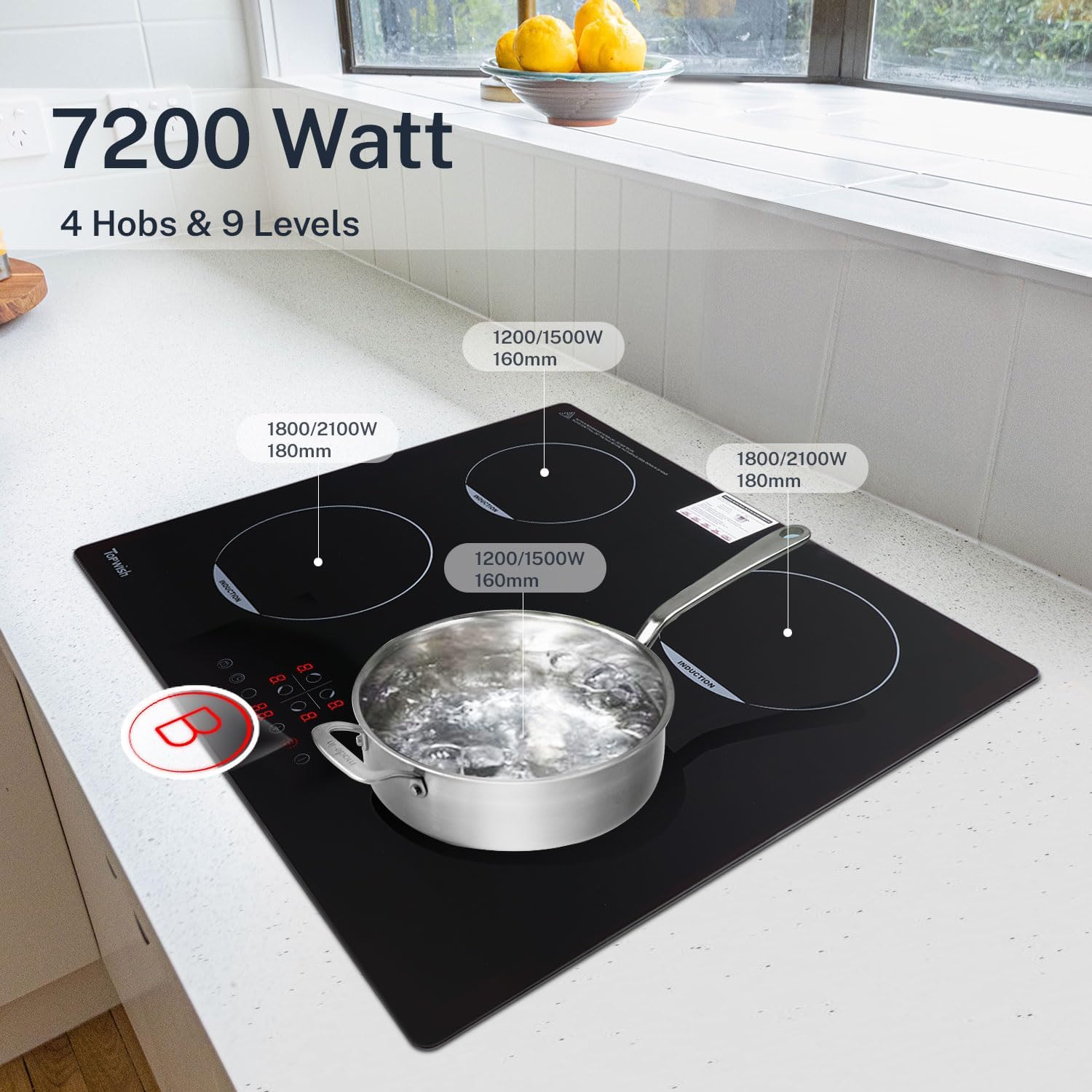 TOPWISH Plaque à induction 4 foyers 60 cm encastrable 4 zones Sécurité enfant Puissance renforcée Commande tactile Indicateur de chaleur résiduelle Minuterie