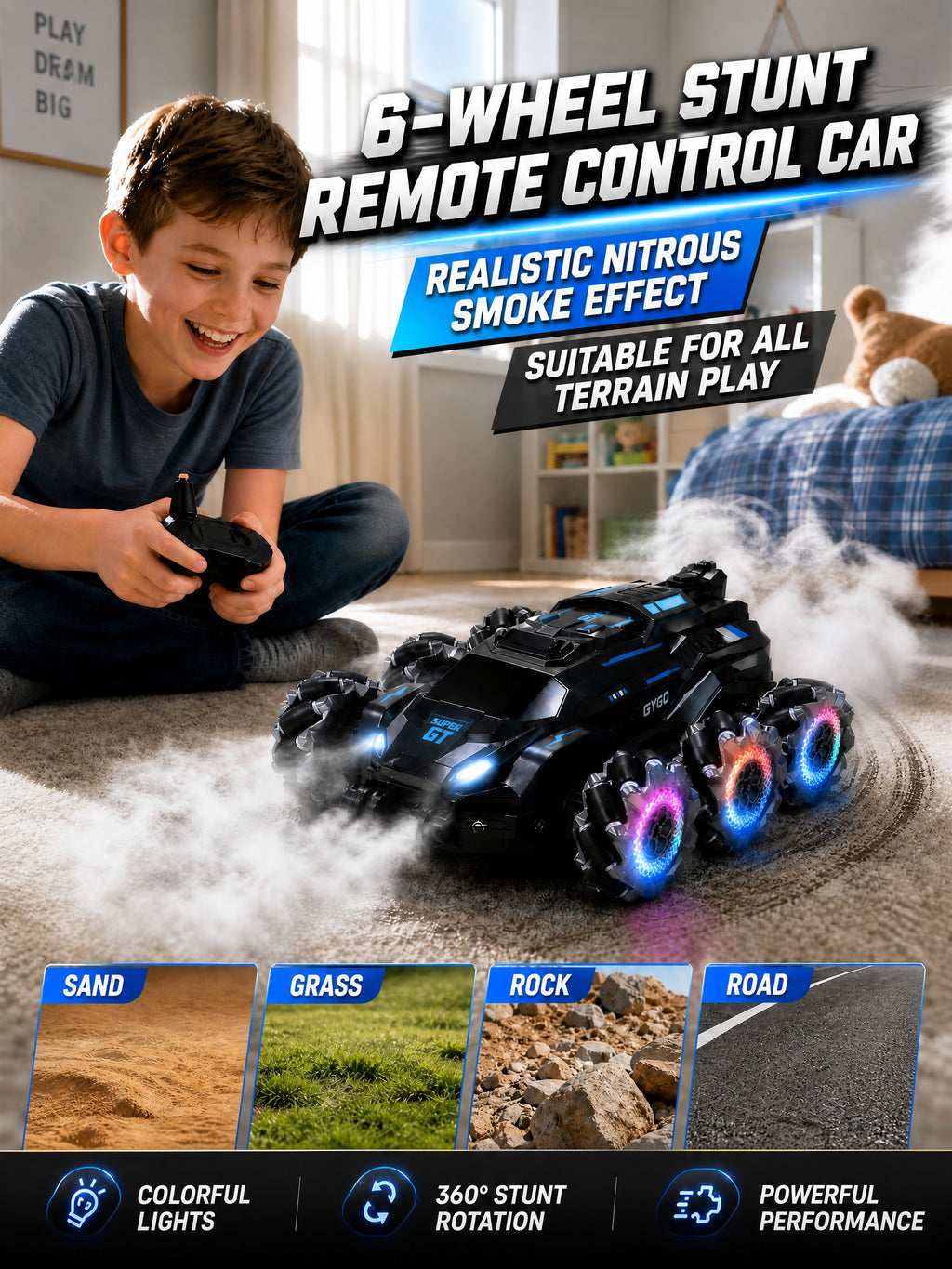 Voiture de Cascade RC 6WD en Alliage Métallique, Design Brume, Télécommande 2,4 g, Drift Latéral et Rotation à 360°, Lumières LED et Musique, Jouet Tout-Terrain pour Enfants 6+, One Piece en Bleu