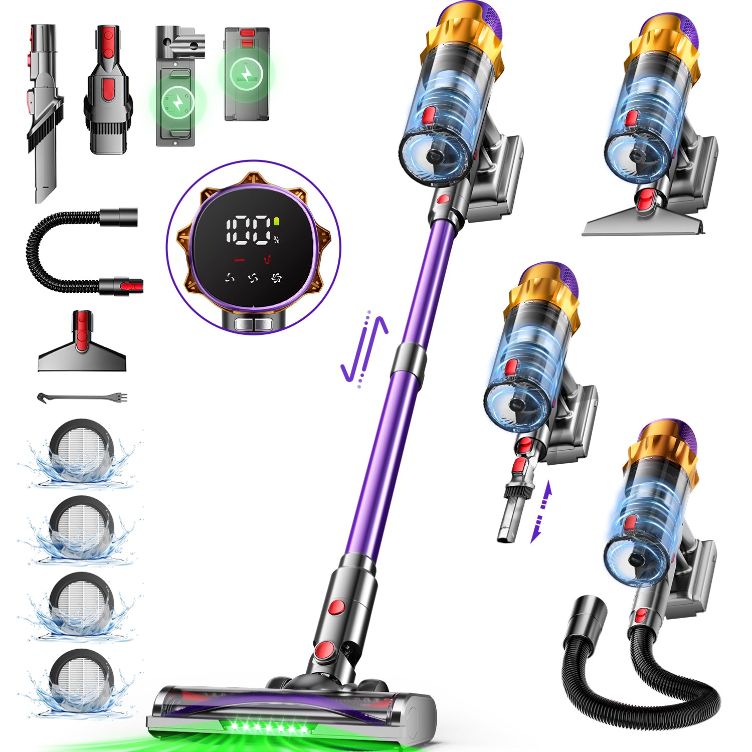 Aspirateur sans fil Daynee, aspiration 65 kPa / autonomie de 70 min, avec affichage, tuyau de 1 m, brosse anti-emmêlement, filtration HEPA*4, pour poils d'animaux, tapis et sols durs
