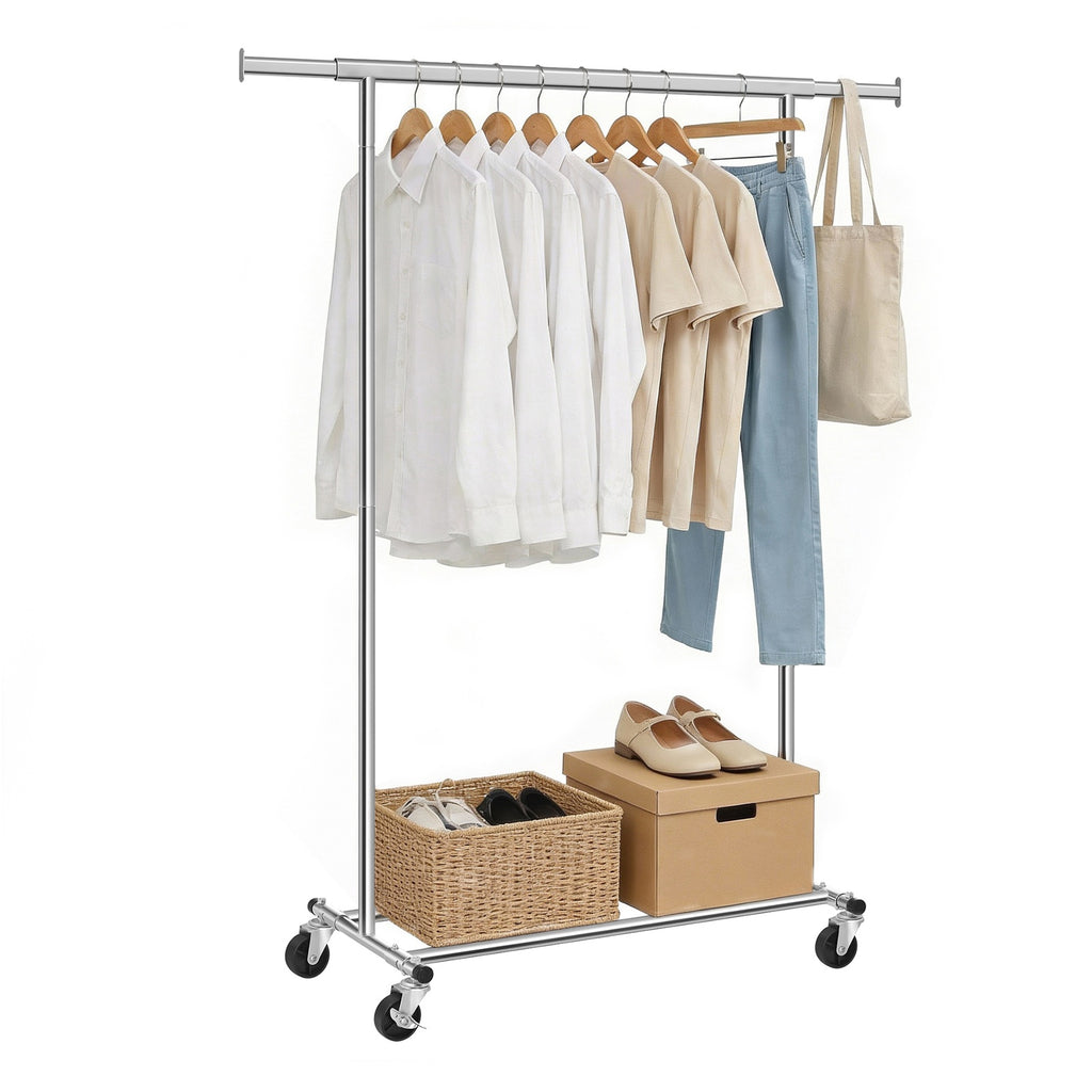 JOYFURNOS Portant à Vêtements sur Roulettes, Tringle à Vêtements Robuste, 45 x (92-132) x 161,5 cm, avec Tringle Extensible, Capacité de Charge 100 kg, Portable, Argent