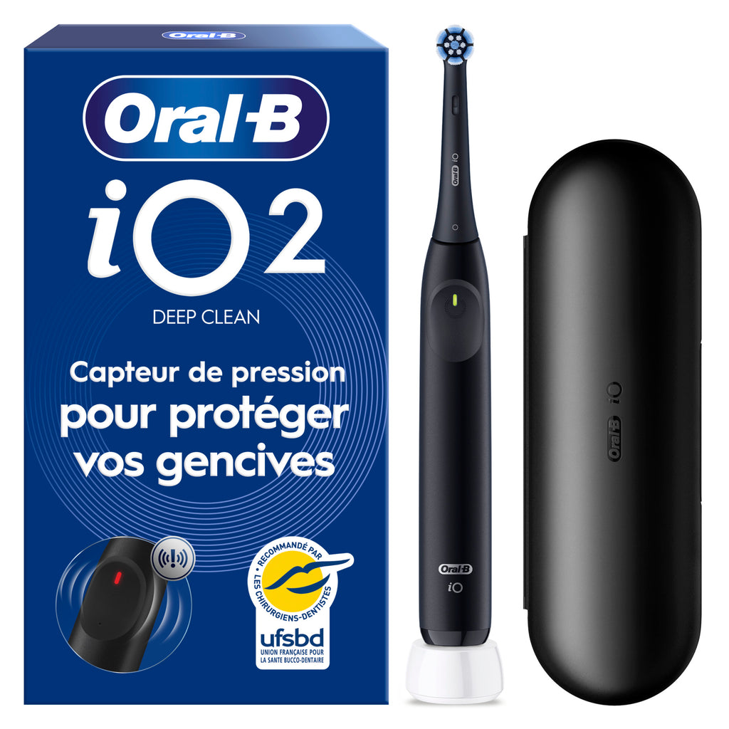 Oral-B iO2 Brosse à Dents Électrique Night Black – Protection Gencives avec Capteur de Pression Automatique, 3 Modes, Brossage Doux et Silencieux, Inclus 1 Brossette et Etui de Voyage