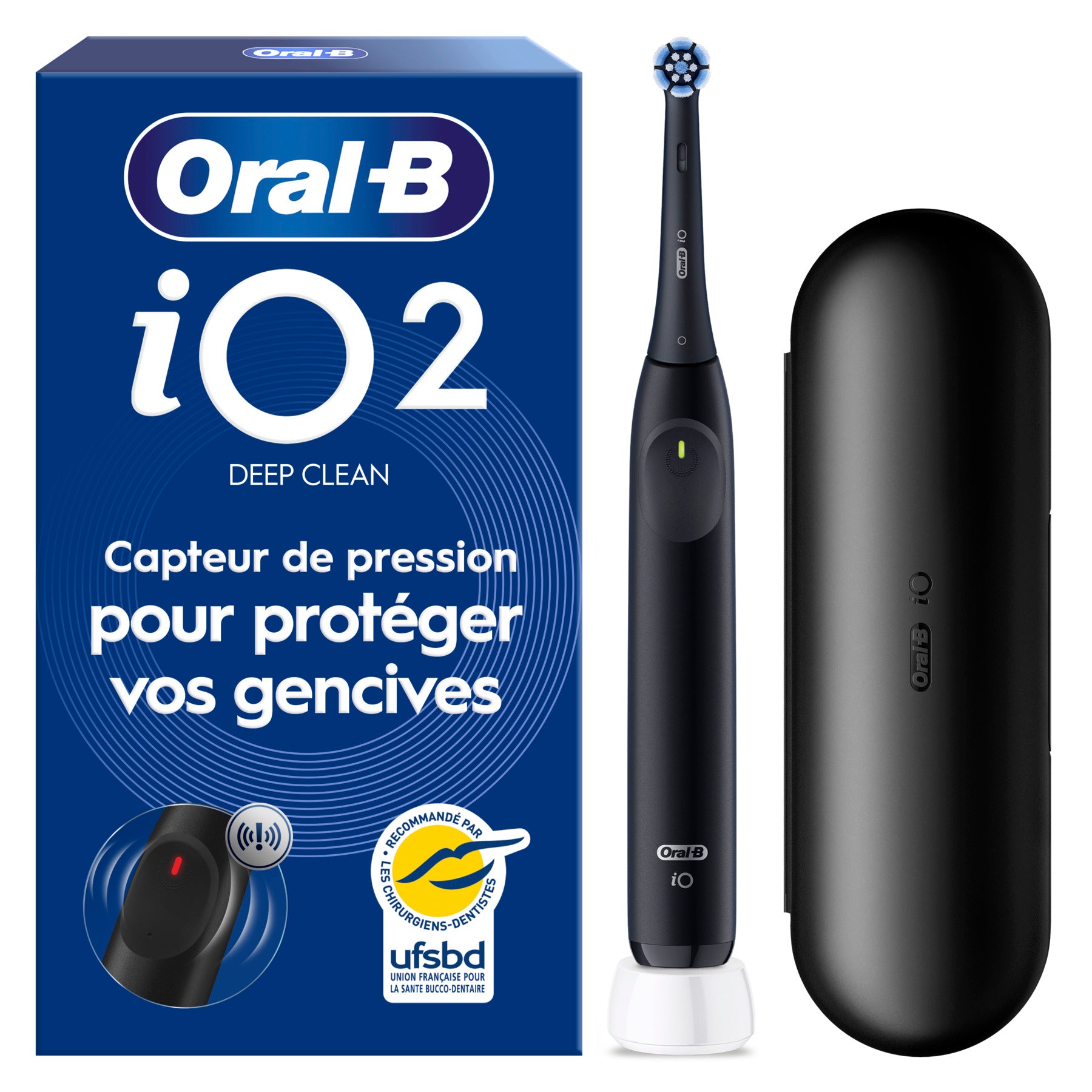 Oral-B iO2 Brosse à Dents Électrique Night Black – Protection Gencives avec Capteur de Pression Automatique, 3 Modes, Brossage Doux et Silencieux, Inclus 1 Brossette et Etui de Voyage