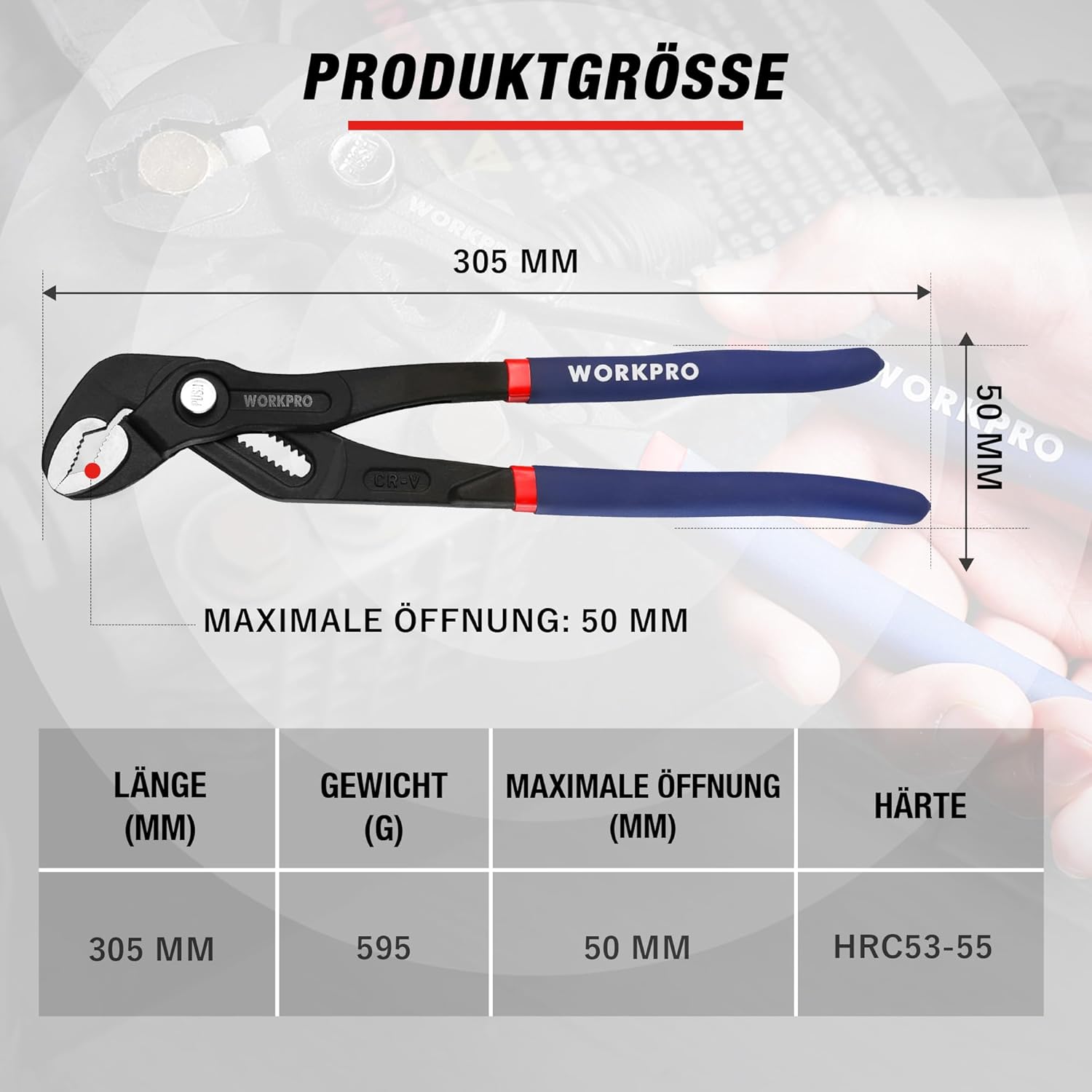 WORKPRO Pinces à pompe professionnelles 305-Mm, en acier Cr-V, avec articulation à rainure réglable et déverrouillage rapide, ouverture max. 50-Mm