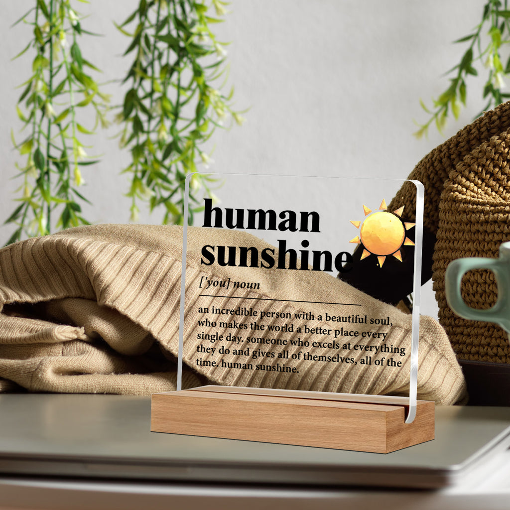 Alphynix 1 pc "Human Sunshine" plaque en acrylique, support sur socle en bois avec motif de soleil jaune et définition inspirante "Une personne incroyable avec une belle âme"