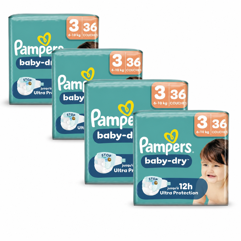 Pampers Baby-Dry, Taille 3, 144 Couches, 6-10kg, Une nuit jusqu'à 100% sans fuites avec la Poche Stop & Protect à l’arrière de la couche
