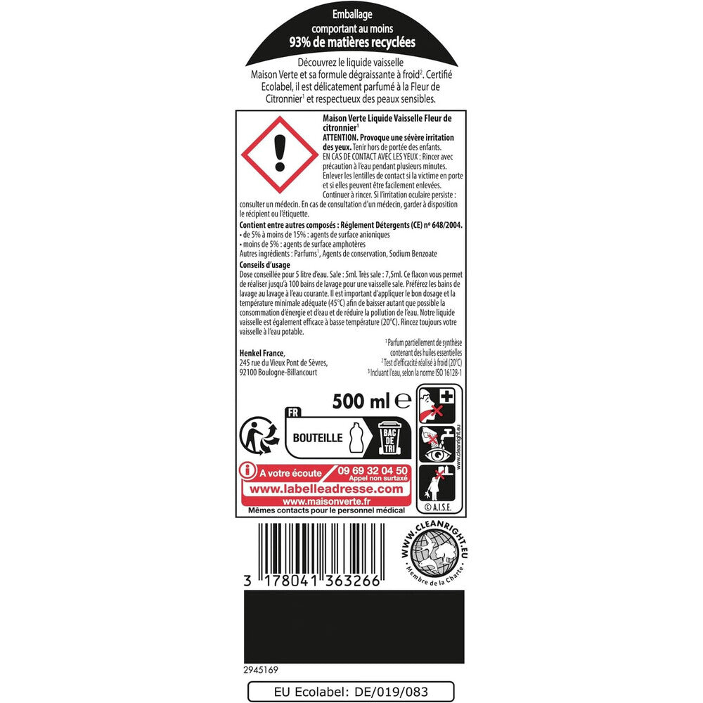 Maison Verte Liquide Vaisselle, Formule Dégraissante à Froid pour Peaux Sensibles, Certifié Écolabel, Fleur de Citronnier, 2 x 500 ml (= 1 L)