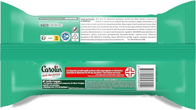 Carolin Lingettes antibactériennes multi-surfaces ultra-imprégnées, huile essentielle d'arbre à thé, 80 unités