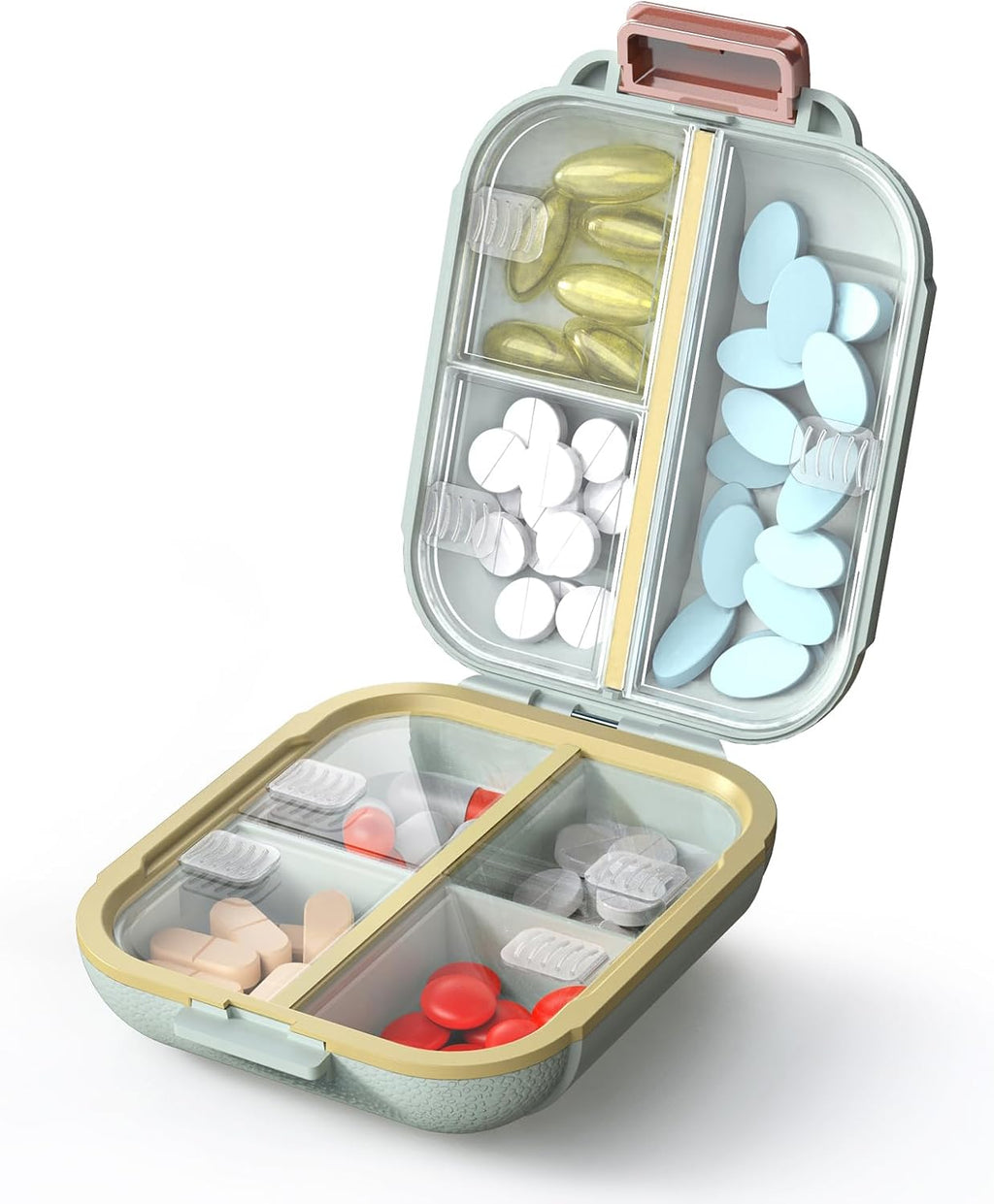 GAONLY Pilulier portable, Boîte à pilules avec 7 compartiments, Petit étui à pilules de voyage, Pilulier quotidien avec couvercle hermétique, Petit récipient à pilules en matériau sans BPA Vert