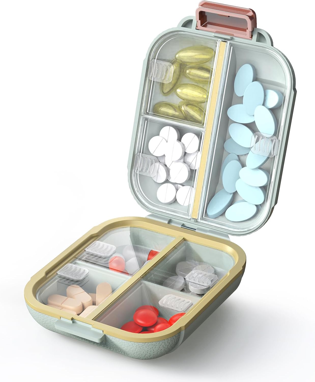 GAONLY Pilulier portable, Boîte à pilules avec 7 compartiments, Petit étui à pilules de voyage, Pilulier quotidien avec couvercle hermétique, Petit récipient à pilules en matériau sans BPA Vert