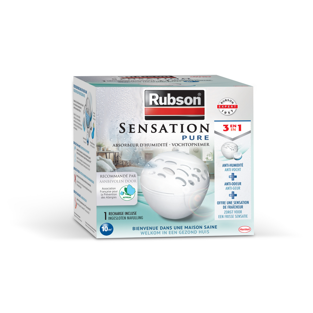 Rubson Sensation Pure | Absorbeur d'humidité pour petites pièces de 10 m² (1 appareil + 1 recharge parfum neutre) – Déshumidificateur anti-humidité et anti-odeur