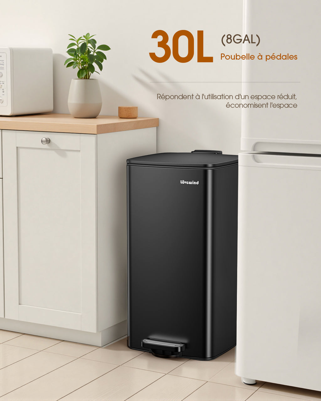 Lovewind Poubelle de cuisine avec couvercle, 8 gallons/30 L poubelle à pédale pour cuisine chambre bureau à domicile, Poubelle de 30 litres bac à déchets en acier inoxydable brossé avec couvercle à fermeture douce, noir