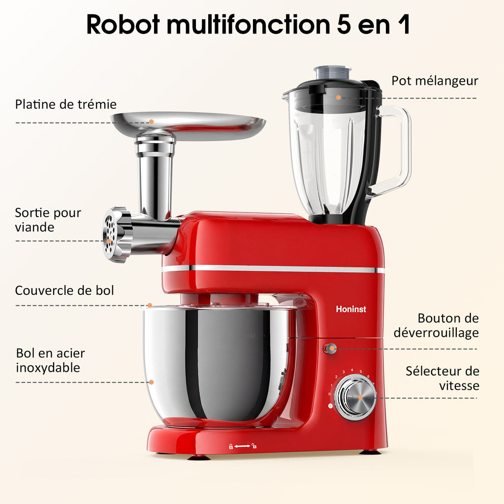 HONINST Robot pâtissier multifonction 7-en-1, 6,5 qt, 8 vitesses, tête inclinable, mixeur alimentaire électrique avec hachoir à viande, mixeur à jus, crochet pétrisseur, batteur