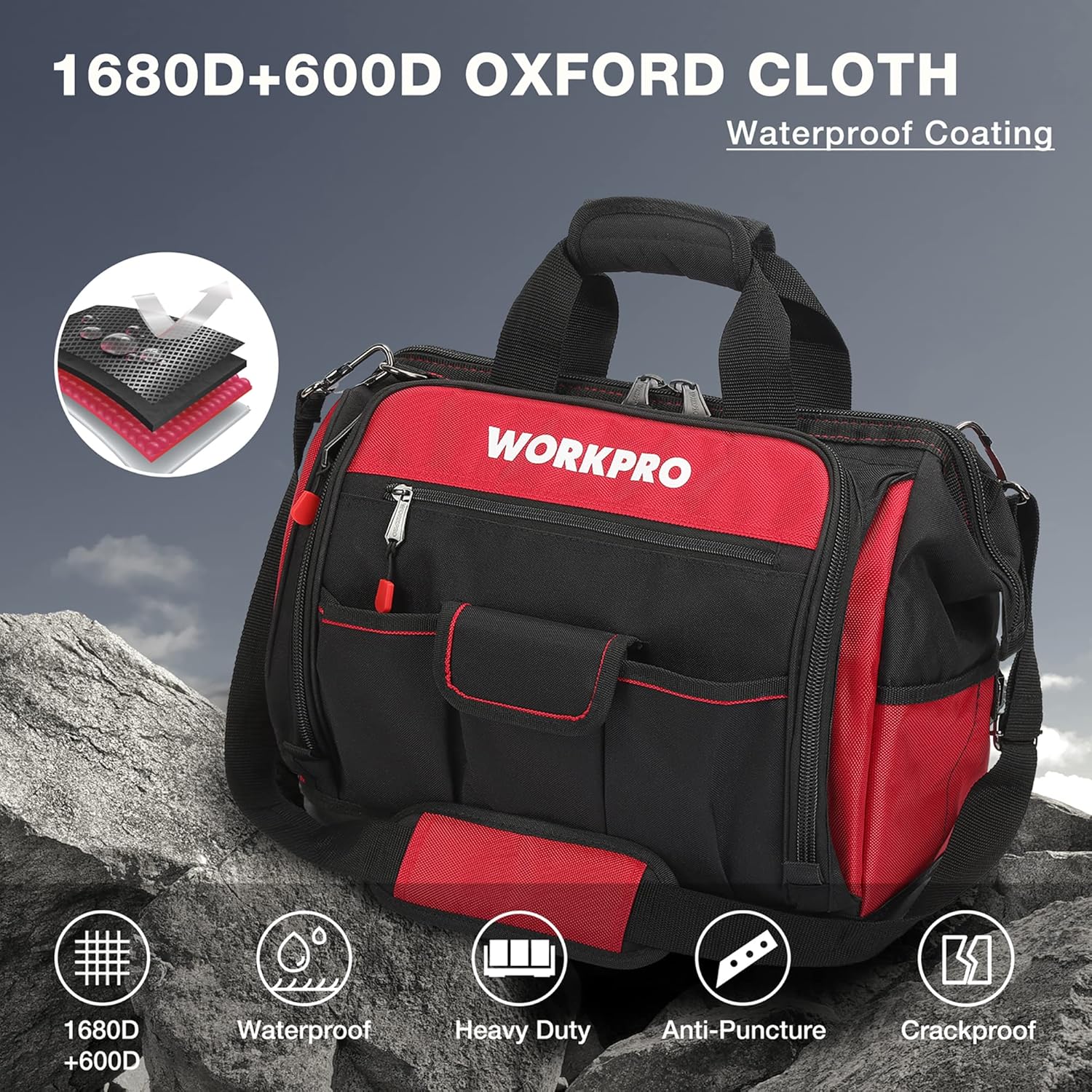 WORKPRO Sac à Outils Robuste 16 Pouces 42 x 24,5 x 34 cm | Tissu Polyester 1680D, Base Rigide Imperméable, Ouverture Large, 39 Poches avec Élastique et Crochet, Bandoulière