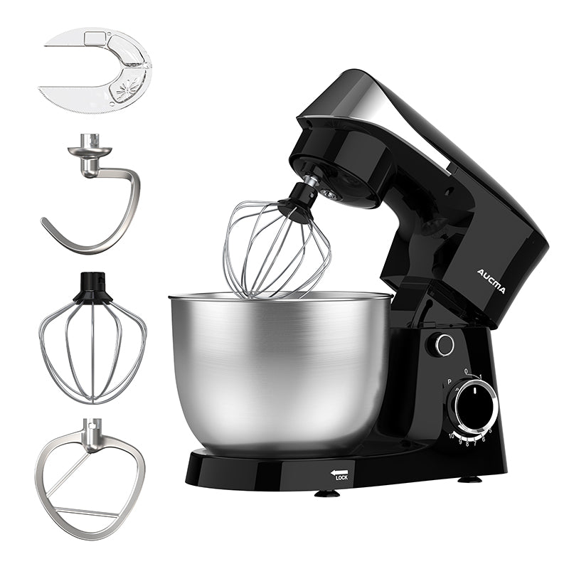 AUCMA Robot pâtissier 5 L 10 vitesses Tête inclinable 3-en-1 avec bol, crochet pétrisseur, fouet et batteur, moteur AC 400 W cuivre pur pour pâtisserie, gâteaux, pain, pizza