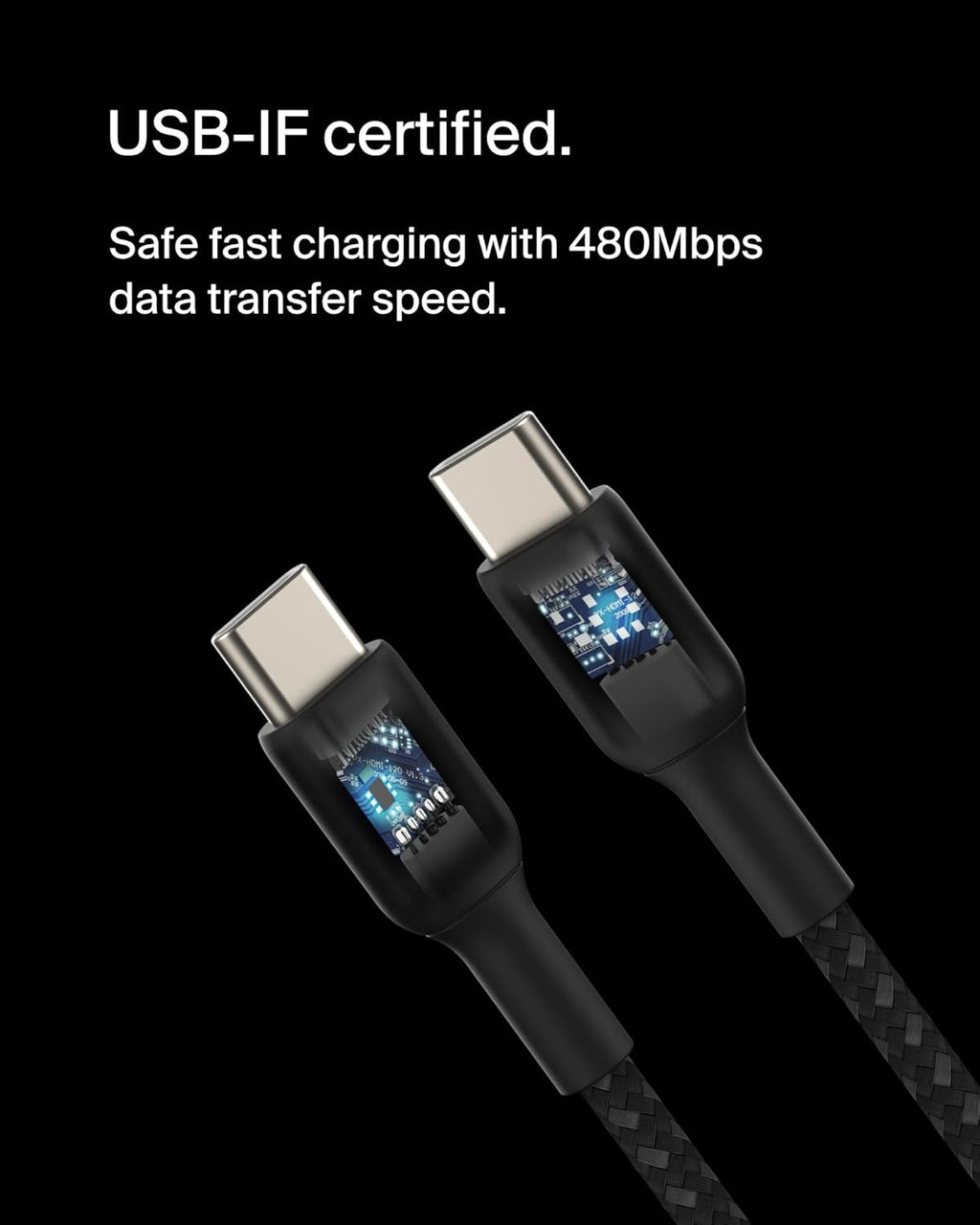 Belkin BoostCharge Câble tressé USB-C vers USB-C 15 cm compatible iPhone 16/16 Pro/16 Pro Max/16 Plus, Galaxy S24/S23/Note10/Note9, Pixel 9/8, iPad Pro - Noir