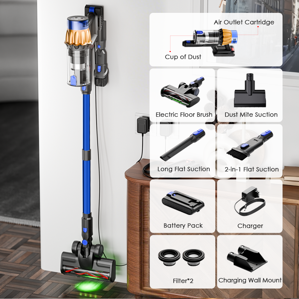COTIAR V22 Aspirateur sans fil 650 W, moteur sans balais, 55 kPa de puissance d’aspiration, 1,2 L de capacité, écran LED, pour tapis, sols et poils d’animaux, Bleu