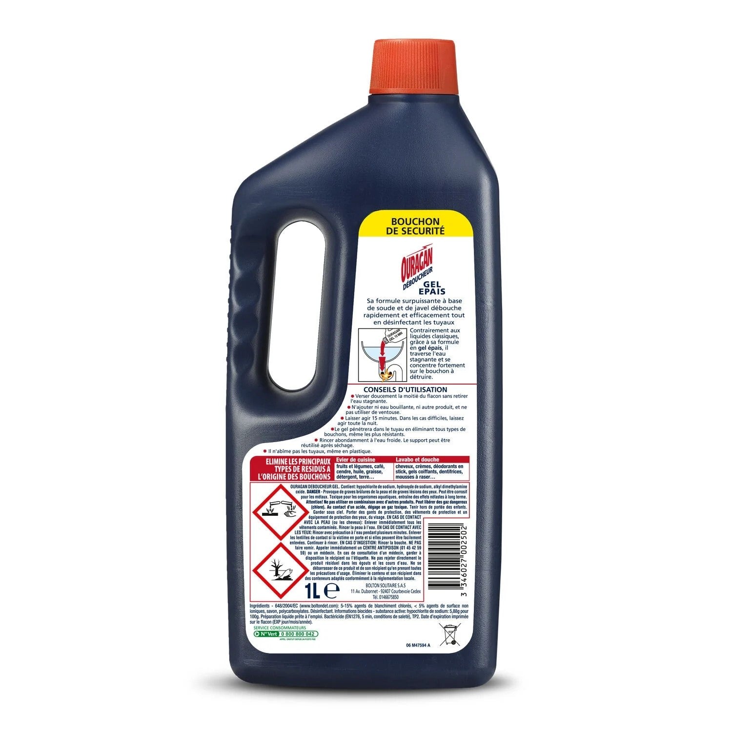 Ouragan Gel Déboucheur Canalisations Haute Intensité 15 Min 1 L