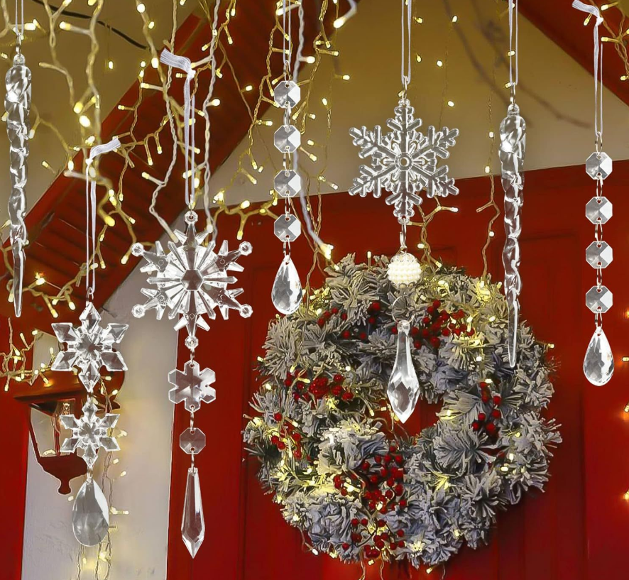 Ju7cer Lot de 26 décorations de sapin de Noël en cristal, pendentifs en forme de flocons de neige et de colonnes de glace en acrylique